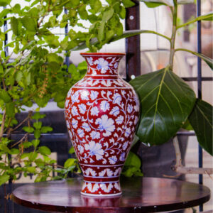 Blue Pottery Red Colour Handmade Decorative Floral Vase - 12 Inch