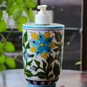 Blue Pottery Handmade White Floral Liquid Dispenser