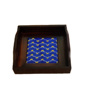 Handmade Wooden Tray With Blue Pottery Blue Floral Tiles -10x10 Inch