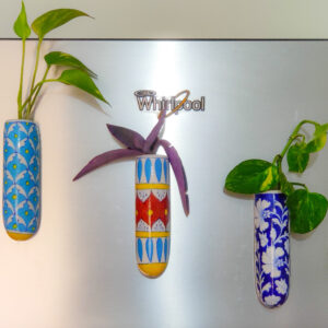 Blue Pottery Hand Painted Magnetic Hydroponic Planter, Refrigerator Mount Fridge Mount Planter, Organic Planter, Fridge Magnet