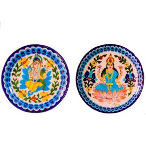 Blue Pottery Beautiful & Elegant Ganesh ji Laxmi ji Design Wall Hanging Plate, Wall Hanging, Decorative Plate, Spiritual Plate set of 2