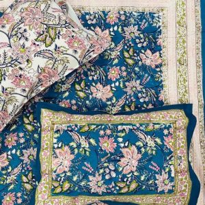 100% Cotton Indian Hand Block Print Blue Floral King Size Bedsheet Set with 2 Pillow Covers