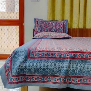 100% Cotton Indian Hand Block Print Floral King Size Bedsheet Set with 2 Pillow Covers