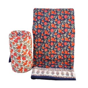 Hand Block Print Blue Floral Reversible Jaipuri Quilt, Razai King Size 90X108