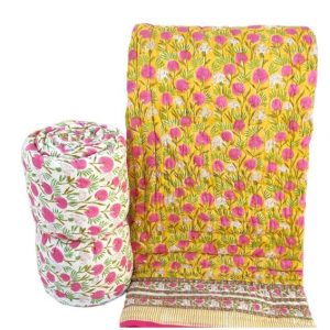 Hand Block Print Yellow Floral Reversible Jaipuri Quilt, Razai King Size 90X108