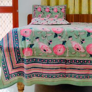 Cotton Hand Block Print King Size Green Lotus Bedsheet Set with Pillow Covers