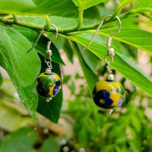 Blue Pottery Handmade Yellow Round Bead Earring