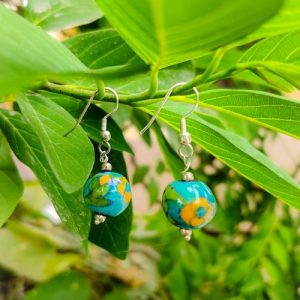 Blue Pottery Handmade Turquoise Round Bead Earring