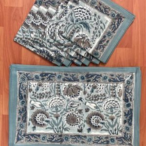 100% Cotton Handmade Floral Block Print Placemats Grey Floral Dinning table set of 6 mats & 6 Napkins