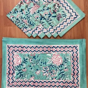 100% Cotton Handmade Floral Block Print Placemats Sea Green Floral Dinning table set of 6 mats & 6 Napkins