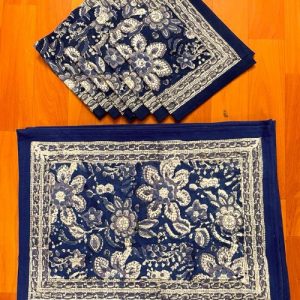 100% Cotton Handmade Floral Block Print Placemats Indigo Floral Dinning table set of 6 mats & 6 Napkins