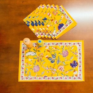 100% Cotton Handmade Floral Block Print Placemats Yellow Floral Dinning table set of 6 mats & 6 Napkins