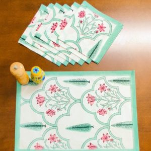 100% Cotton Handmade Floral Block Print Placemats White Floral Dinning table set of 6 mats & 6 Napkins