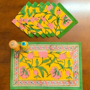 100% Cotton Handmade Floral Block Print Placemats Yellow Green Floral Dinning table set of 6 mats & 6 Napkins