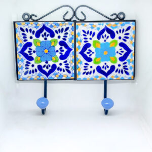 Blue pottery Hand Made Floral wall mounted Double Hooks / Decorative Hanger