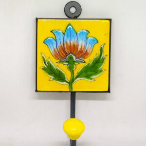 Blue pottery Hand Made Yellow Floral wall mounted Hanger / Decorative hooks