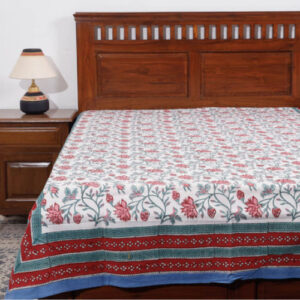 Cotton Hand Block Print King Size White Red Flower Bedsheet Set with Pillow Covers