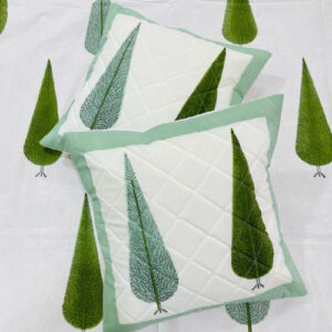 Cotton Hand Block Print Quilted Cushion Covers White Green Tree set of 5- 16x16 Inch