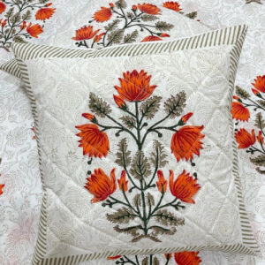 Cotton Hand Block Print QuiltedCushion Covers White Orange Flower set of 5- 16x16"