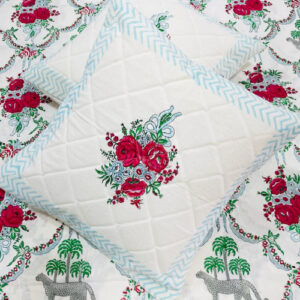 Cotton Hand Block Print Quilted Cushion Covers Rose set of 5- 16x16 Inch